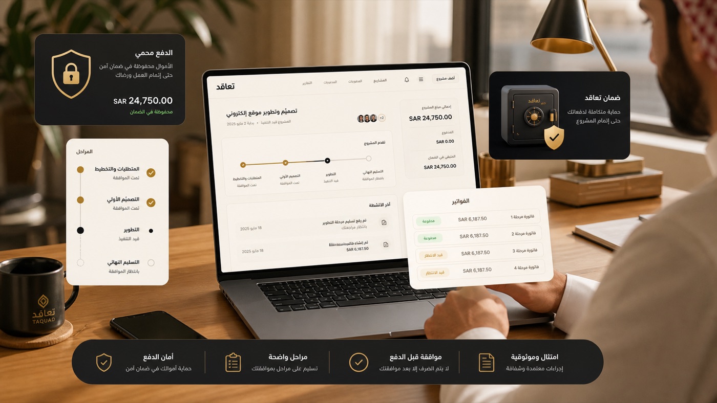 واجهة تعاقد لضمان الدفع ومتابعة مراحل المشروع