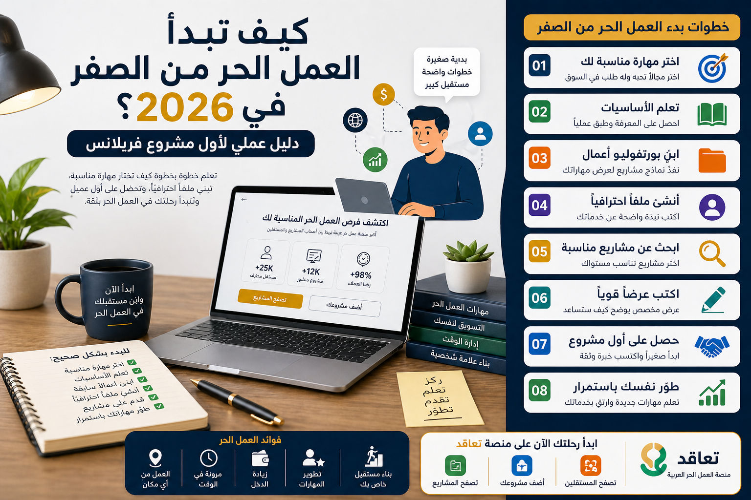 كيف تبدأ العمل الحر من الصفر في 2026؟ دليل عملي لأول مشروع فريلانس