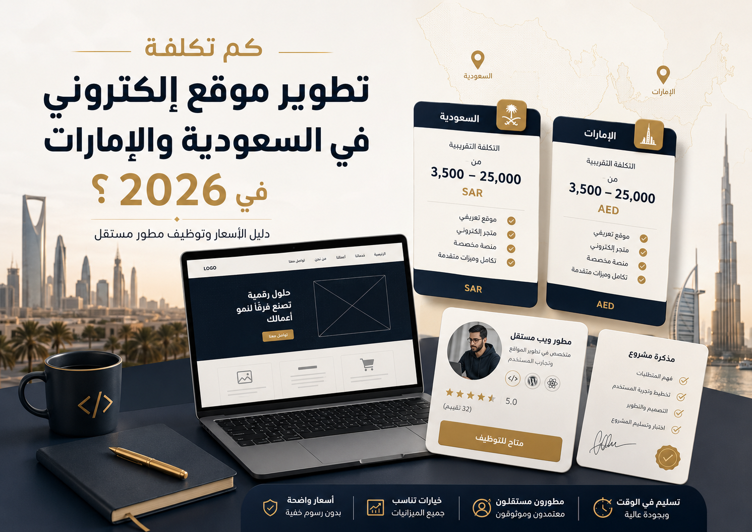 كم تكلفة تطوير موقع إلكتروني في السعودية والإمارات في 2026؟ دليل الأسعار وتوظيف مطور مستقل