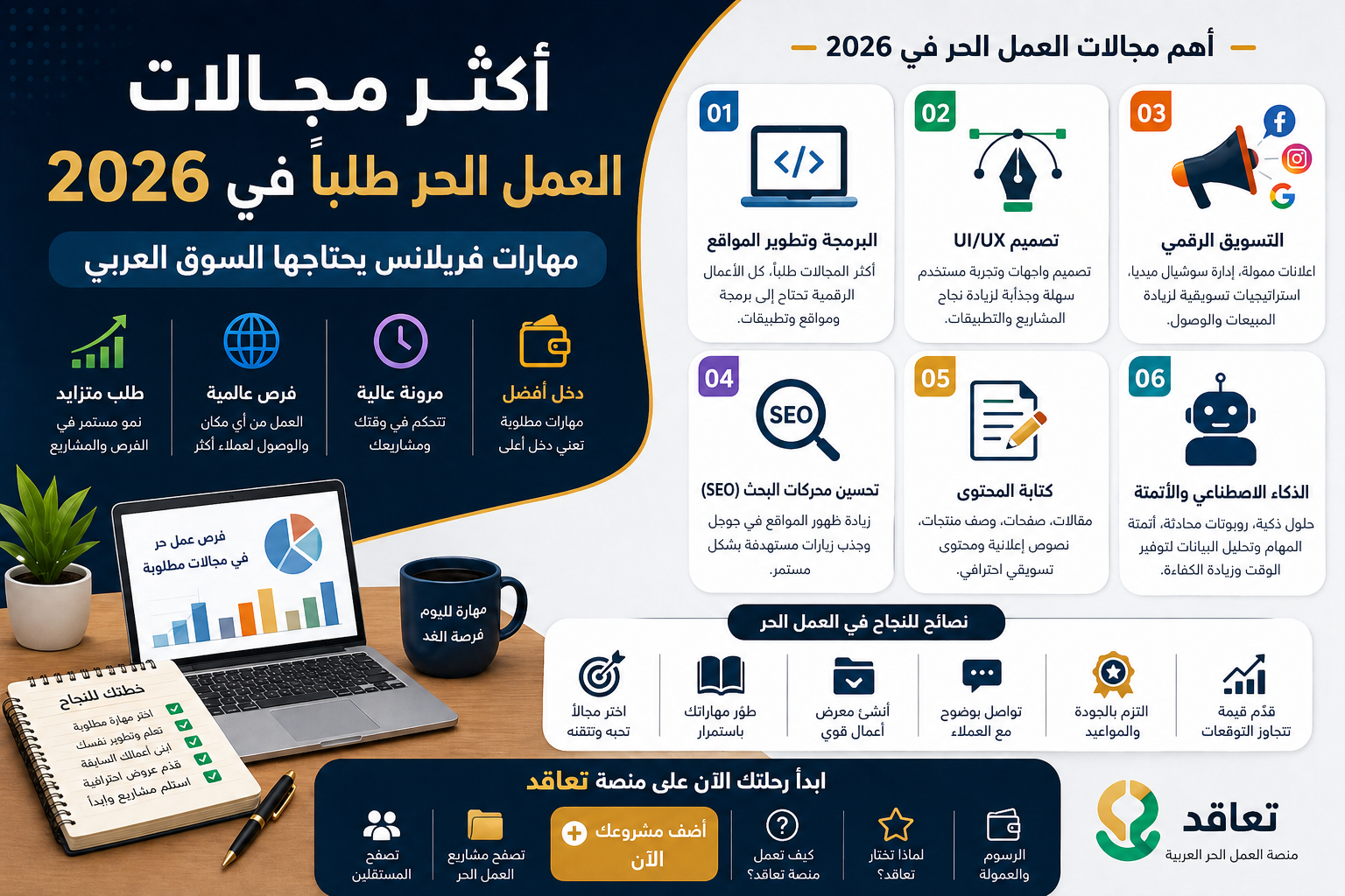 أكثر مجالات العمل الحر طلبًا في 2026: مهارات فريلانس يحتاجها السوق العربي