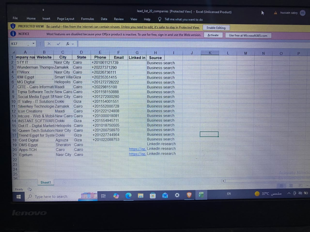 Lead Generation & Company Research Spreadsheet