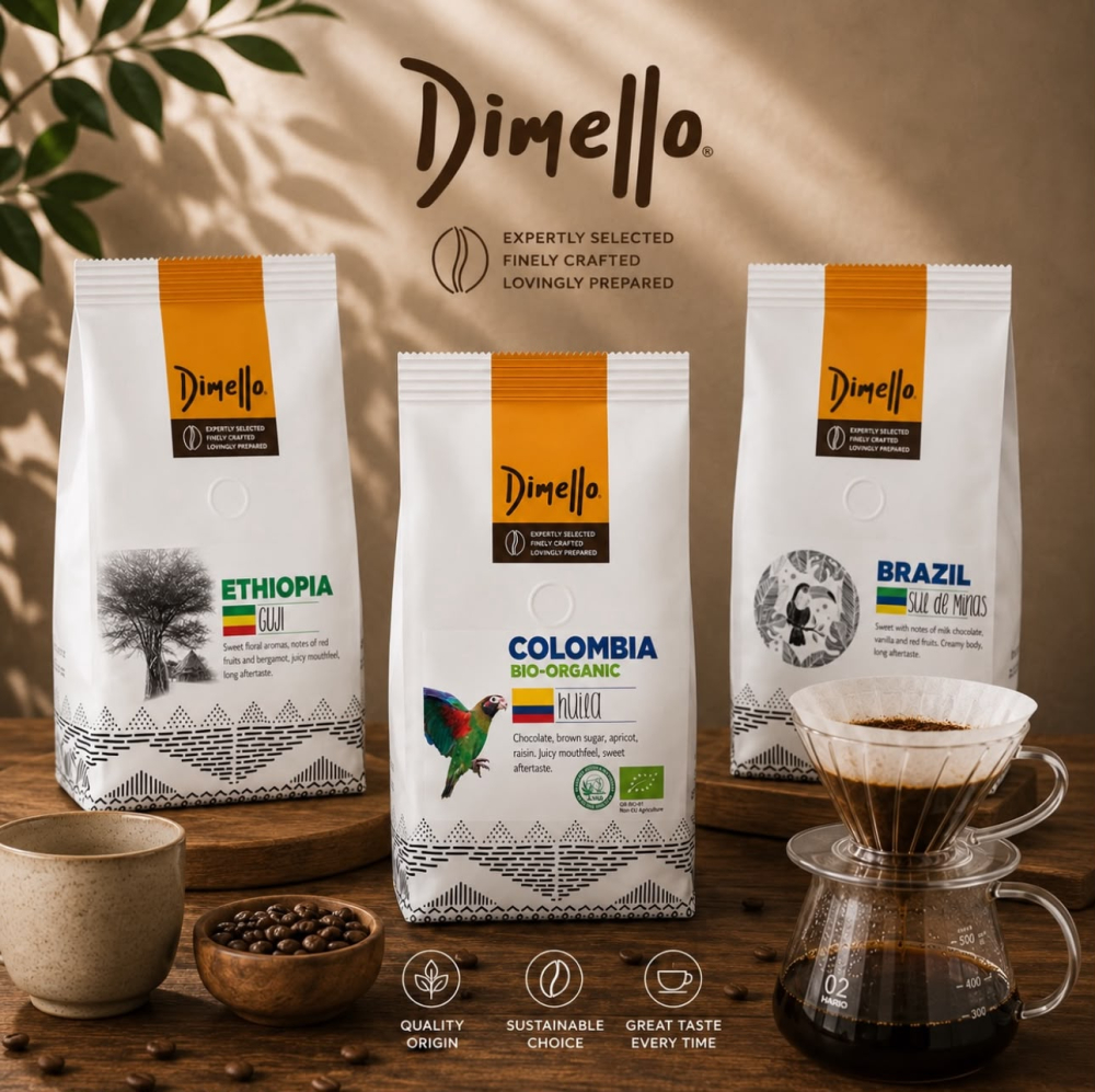 إدارة الهوية البصرية والحملات الإعلانية لعلامة القهوة العالمية Dimello
